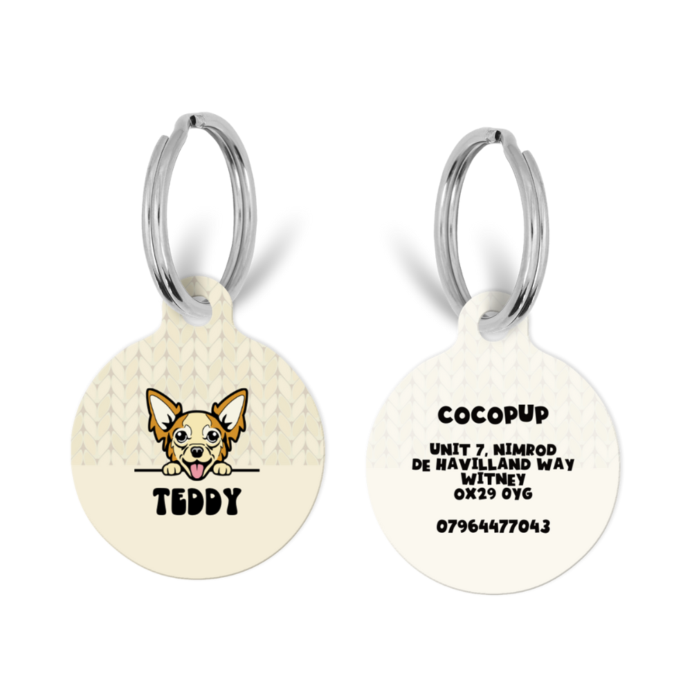Personalised Dog Cartoon ID Tag Cable Knit Vanilla Puppuccino Cocopup London