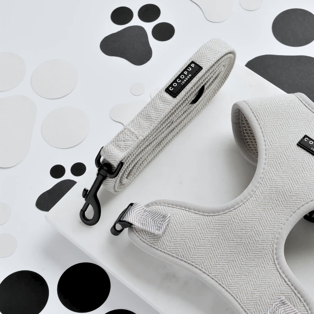 Grey Tweed Adjustable Neck Harness, Lead & Collar Bundle