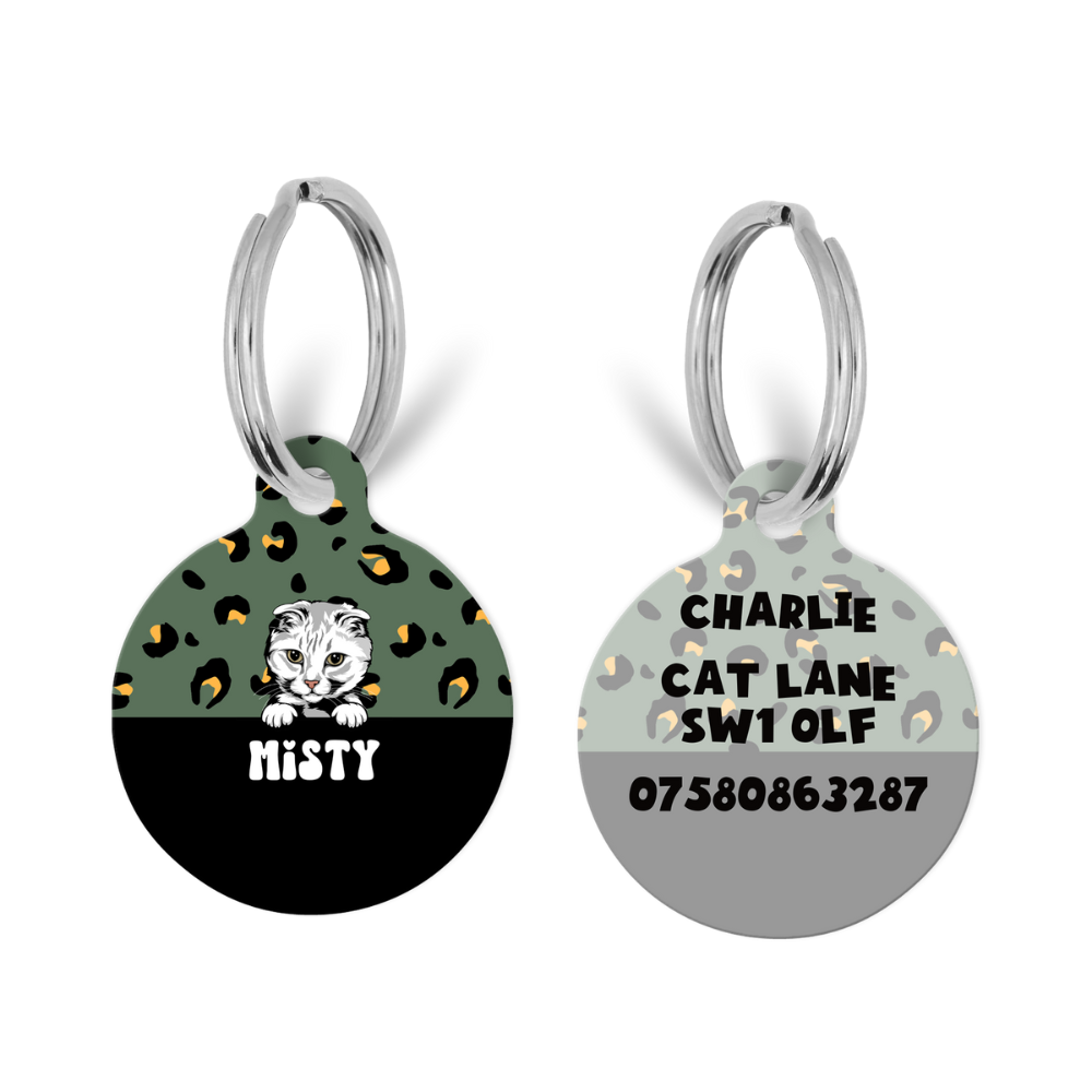 Personalised Cat Cartoon ID Tag - Khaki Leopard
