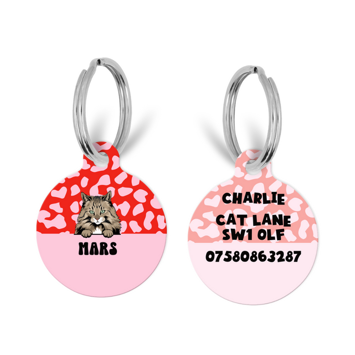 Personalised Cat Cartoon ID Tag - Red & Pink Leopard