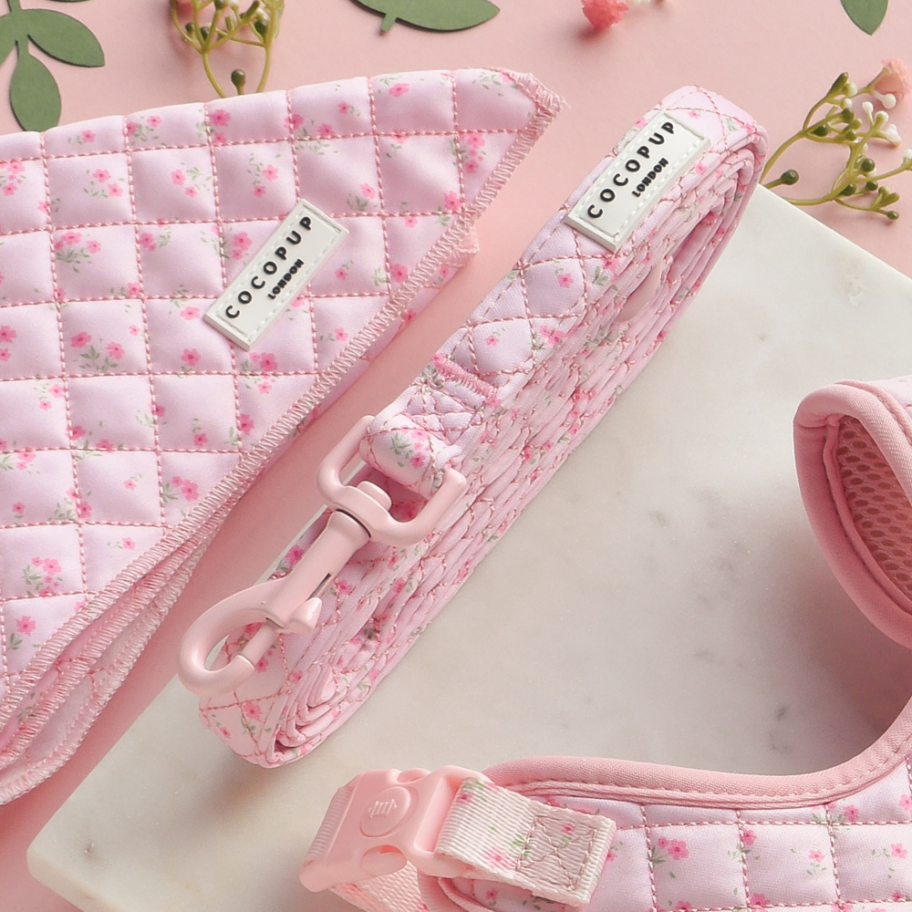 Quilted Ditsy Floral Pink Adjustable Neck Harness, Lead & Collar Bundle