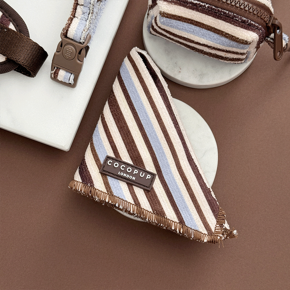 Brown, blue and white striped Dog Bandana, designed to tie around neck.