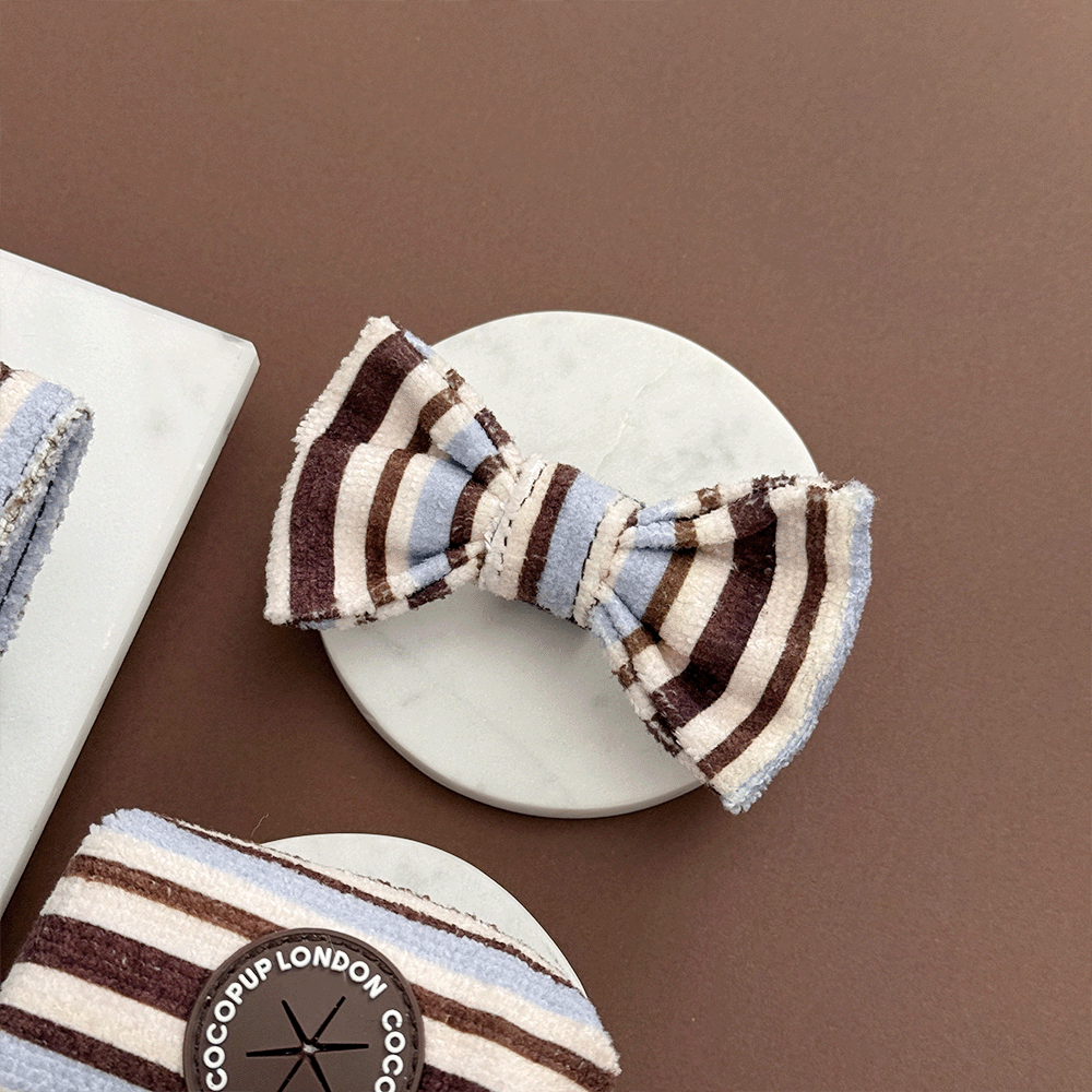 Brown, blue and white striped Dog Bow Tie with velcro fastening. 