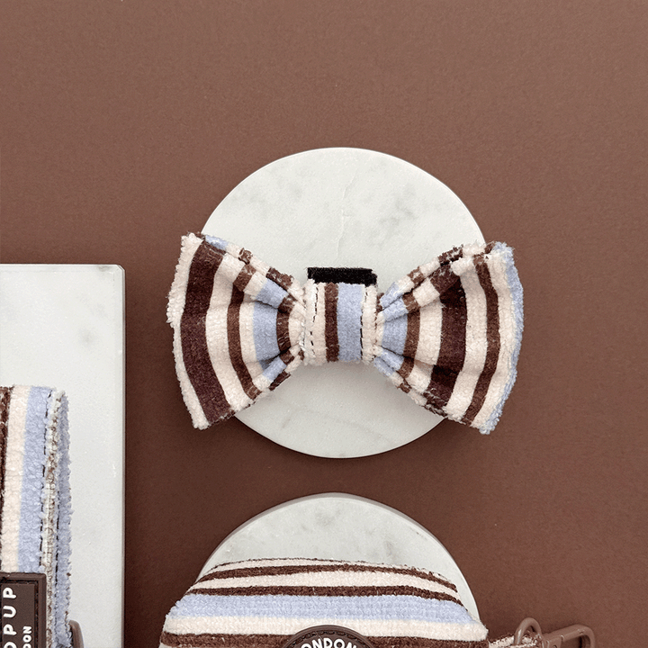 Brown, blue and white striped Dog Bow Tie. With velcro fastening. 