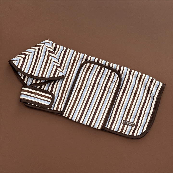 Brown, blue and white striped Dog Robe with velcro fastenings and hood.
