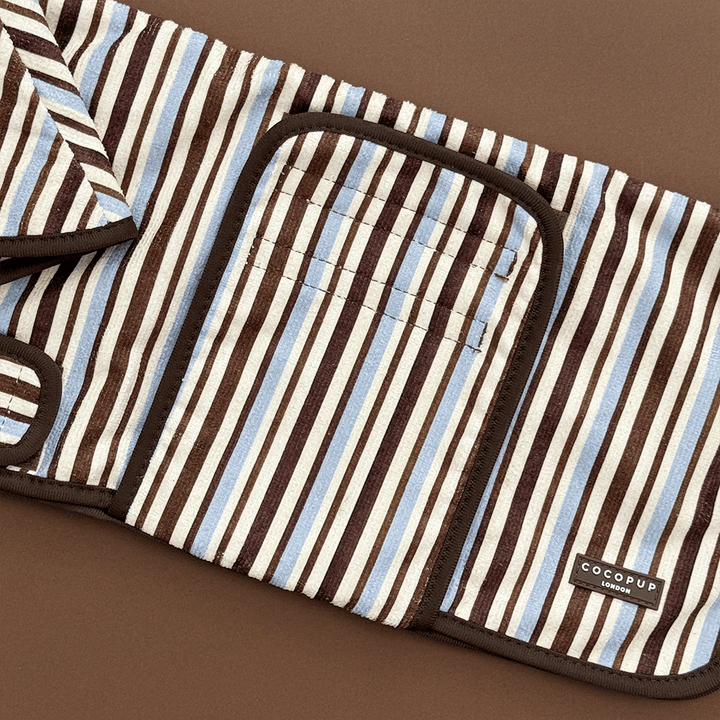 Brown, blue and white striped Dog Robe with velcro fastenings and hood.