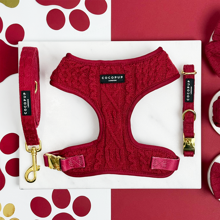 Mulled Wine Cable Knit Adjustable Neck Harness, Lead & Collar Bundle