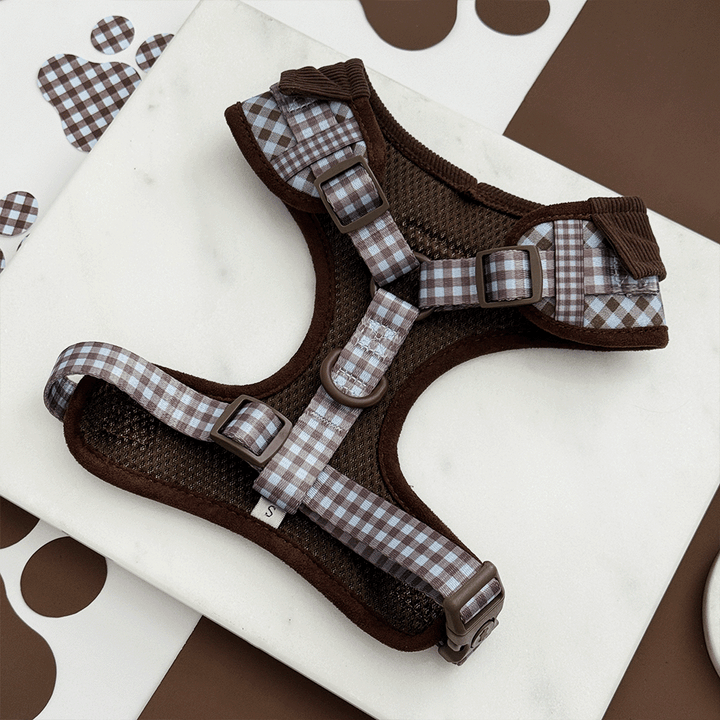 A brown and blue check print dog harness. With brown hardware.