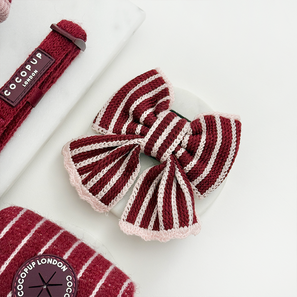 Fabric dog bow with burgundy and baby pink vertical stripes and a light pink scalloped edge.