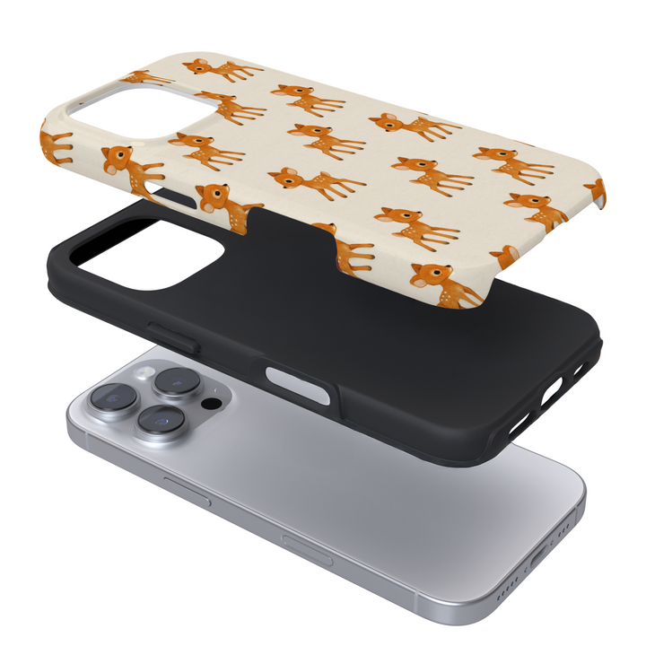 Expanded phone case a with cartoon deer pattern on a white background