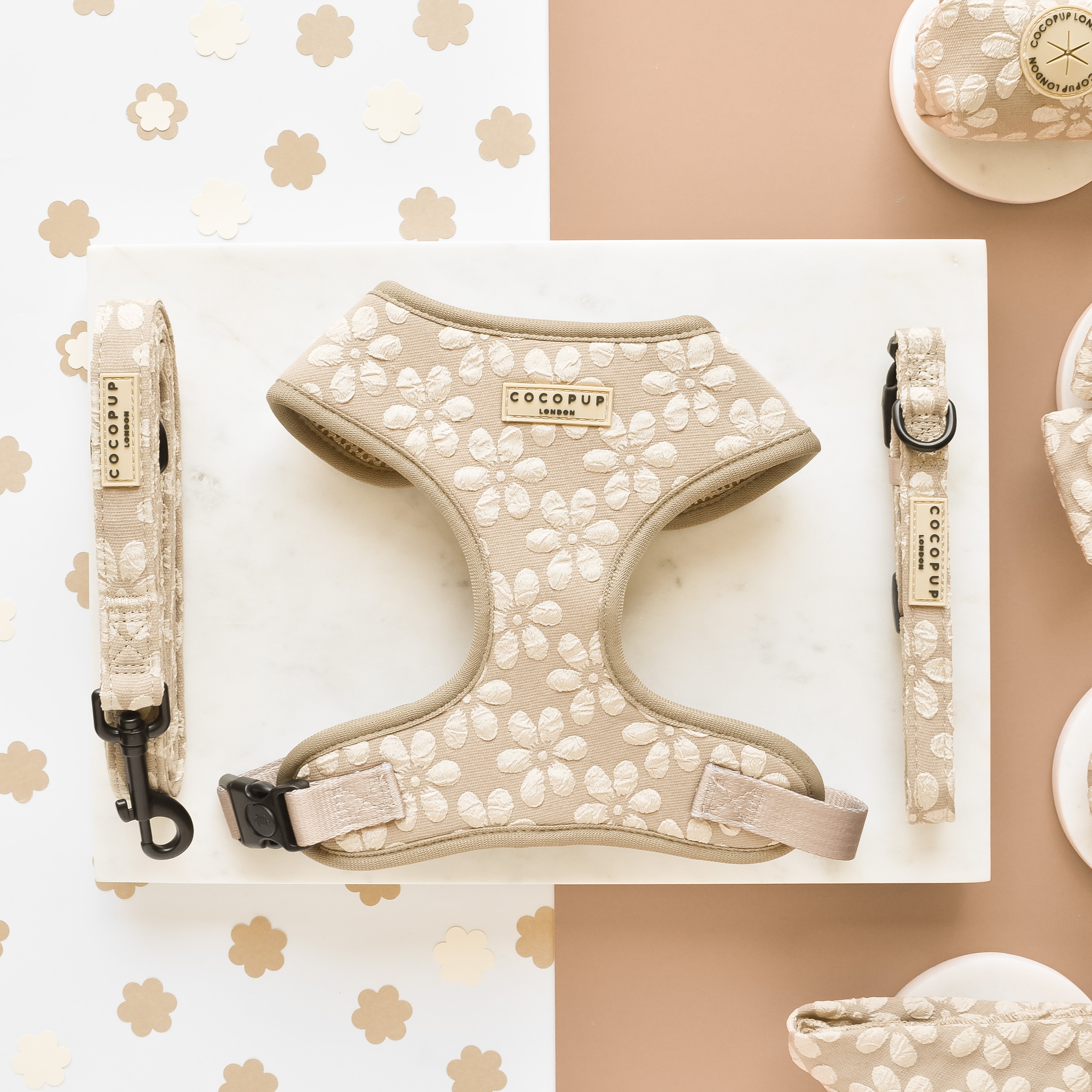 Luxe Adjustable Neck Dog Harness - Mocha Flower | Cocopup London
