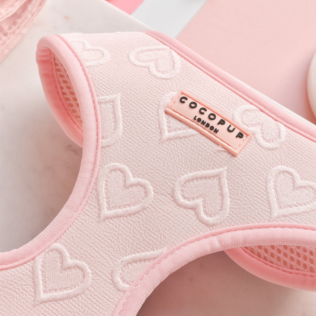 Luxe Baby Pink Heart Adjustable Neck Harness, Lead & Collar Bundle