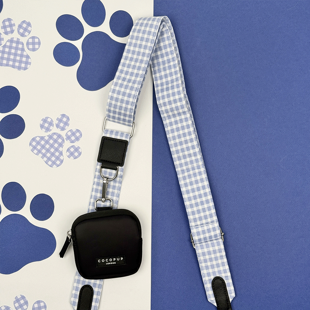 Blue and white checkered, gingham design Bag Strap to attach to Cocopup Dog Walking Bag.