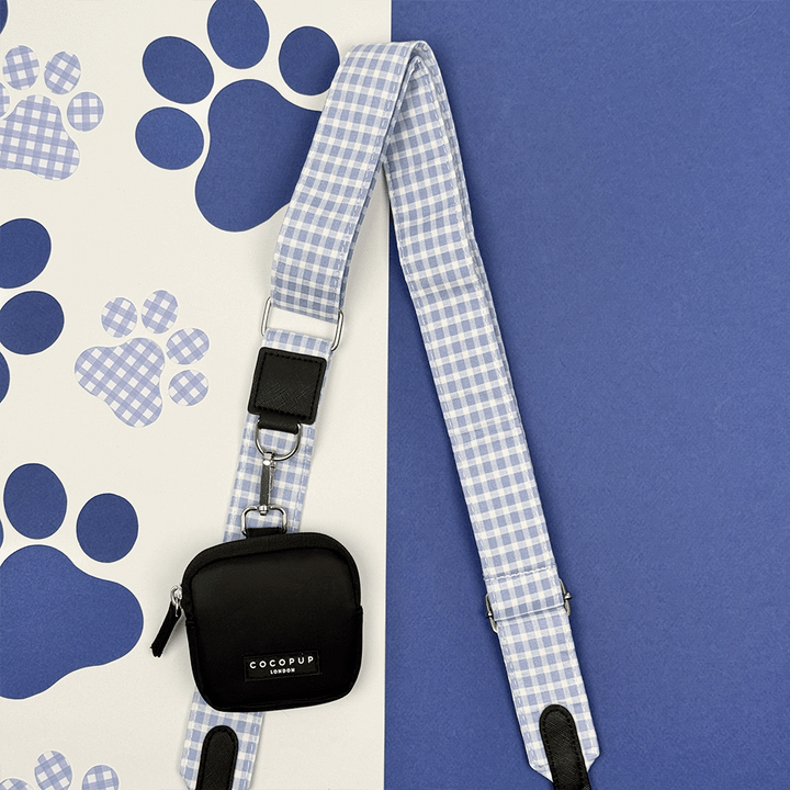 Blue and white checkered, gingham design Bag Strap to attach to Cocopup Dog Walking Bag.