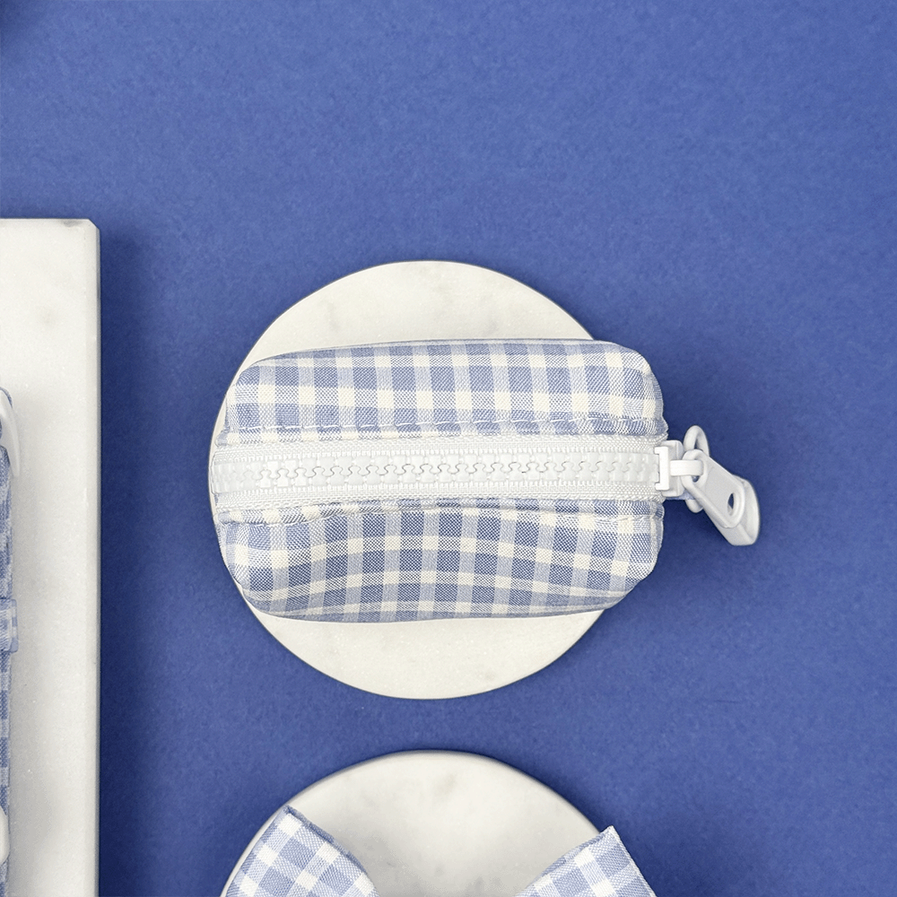 Blue and white checkered, gingham design Poop Bag Holder for dog poo bags.