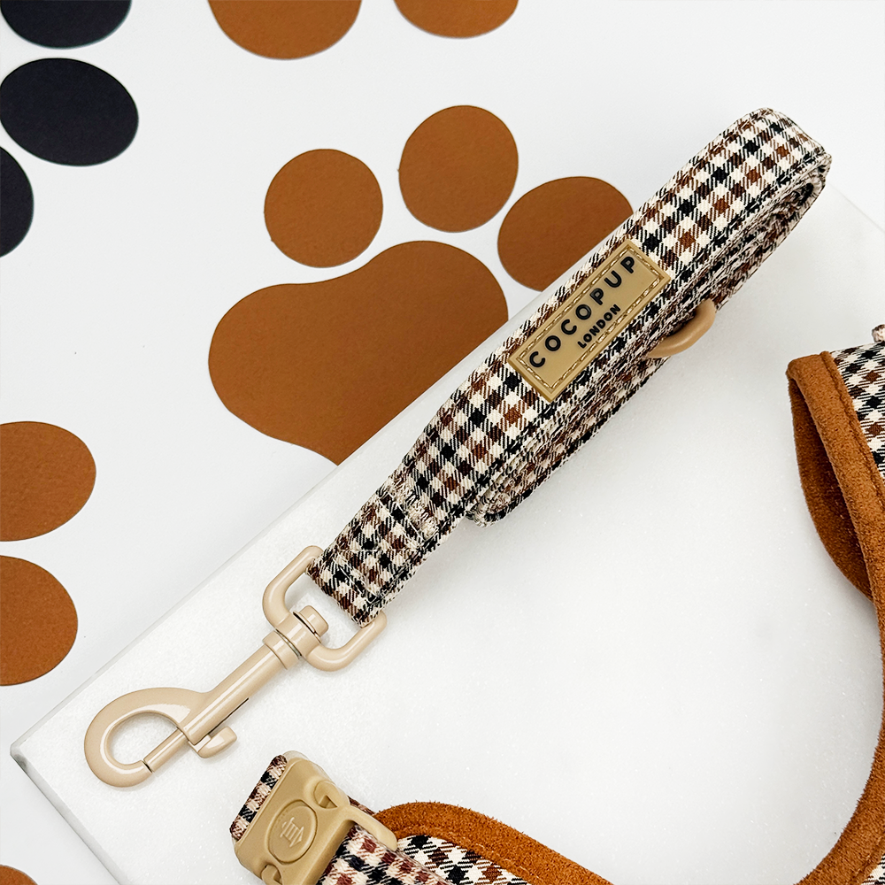 Plaid design dog Lead in neutral brown shades, with Cocopup branding.
