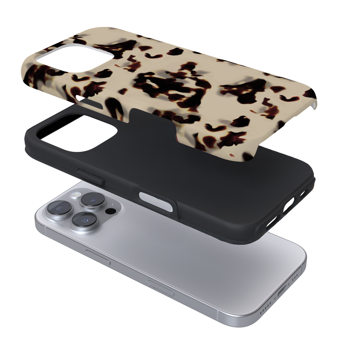 Expanded phone case with a beige tortoiseshell pattern on a white background