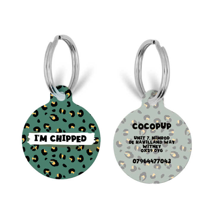 Personalised 'I'm Chipped' ID Tag - Khaki Leopard