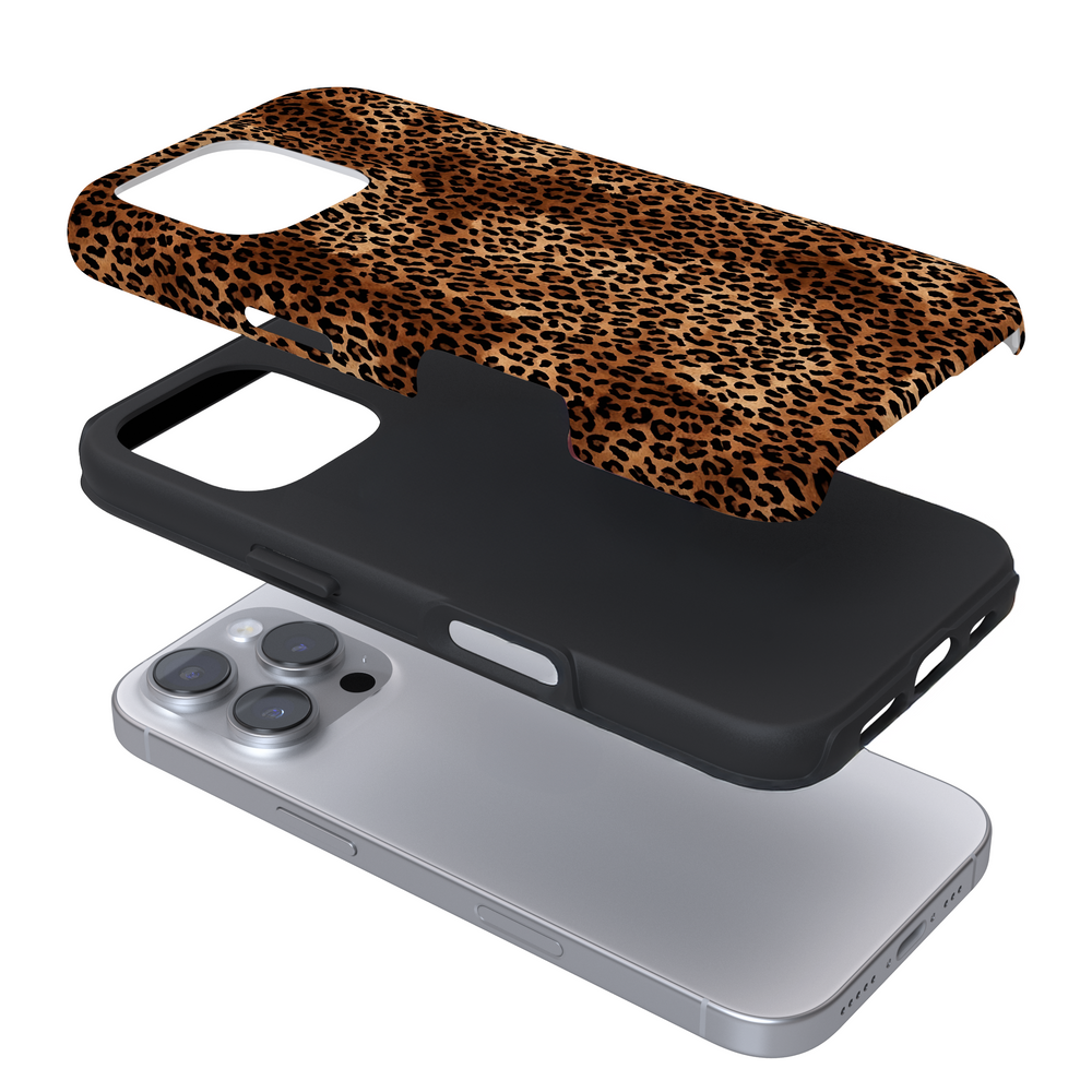 Expanded phone case with a leopard on a white background