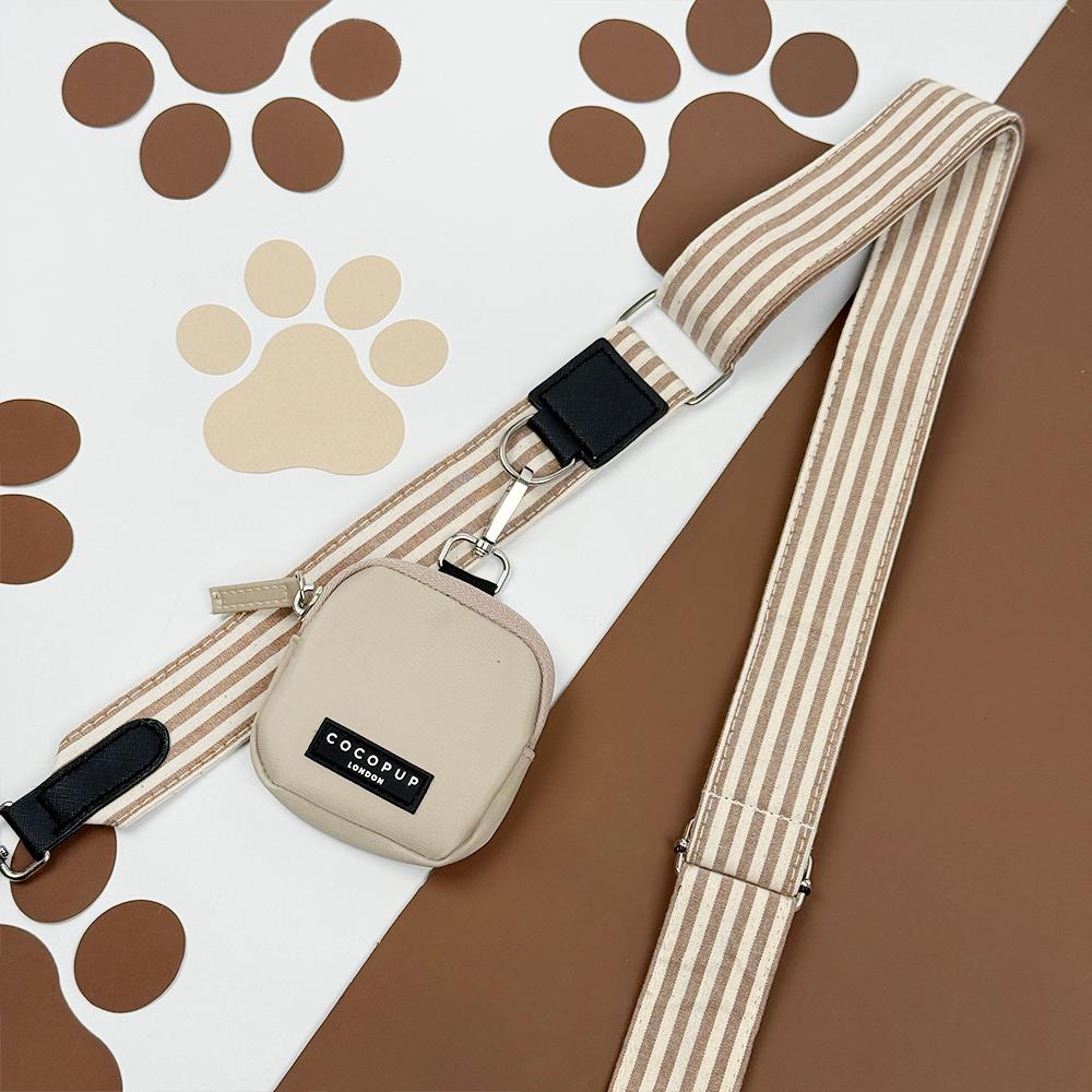 Brown and beige striped Bag Strap with attached Cocopup Treat Pouch. 