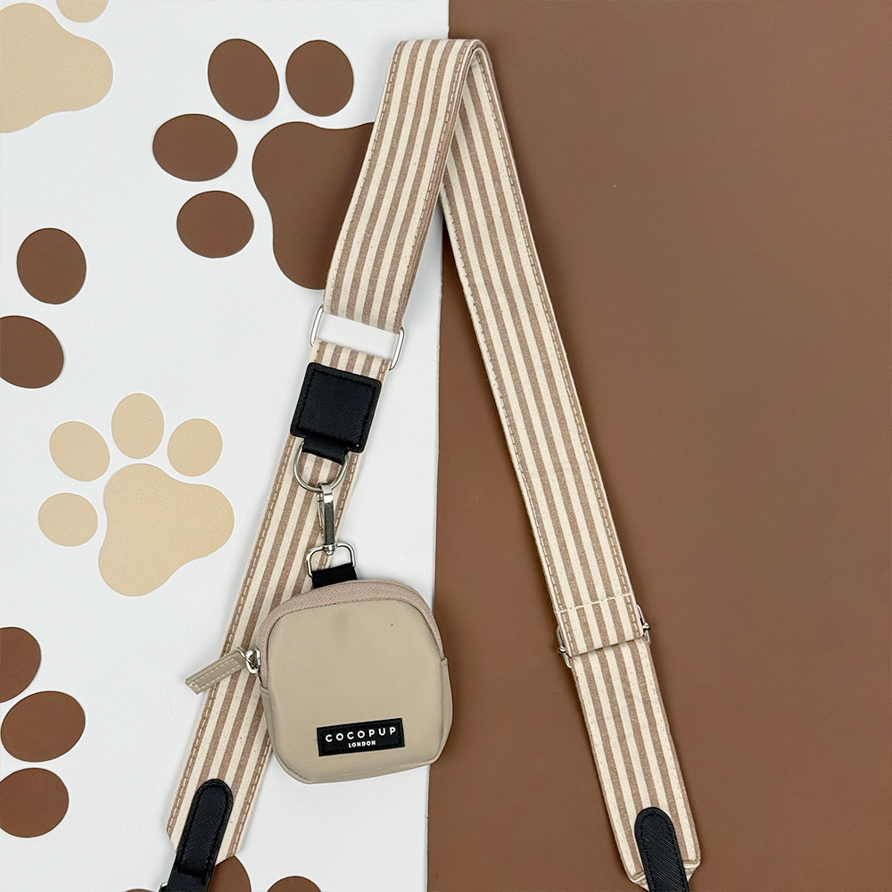 Brown and beige striped Bag Strap with attached Cocopup Treat Pouch. 