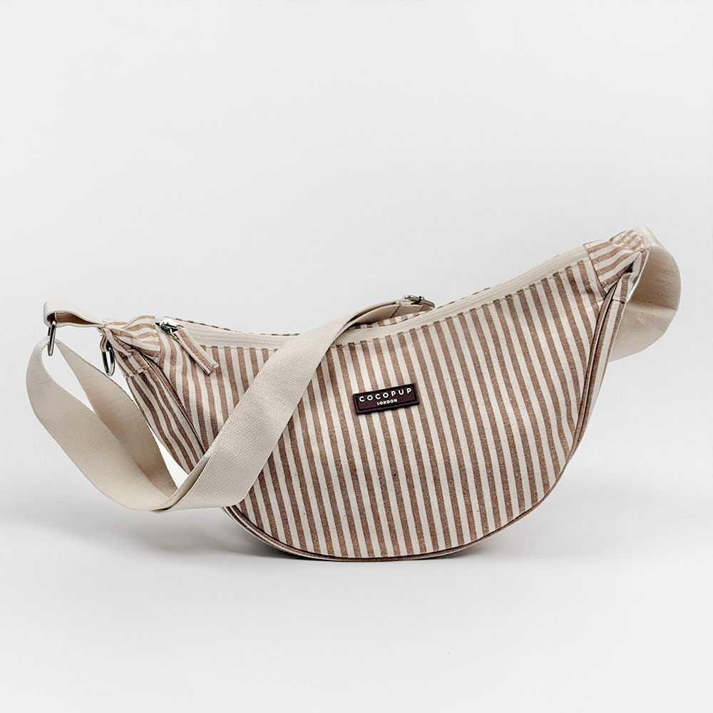 Brown and beige striped Dog Walking Bag with Cocopup logo.