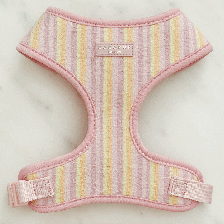 Pink, yellow and orange striped Dog Harness with pink Cocopup logo badge.