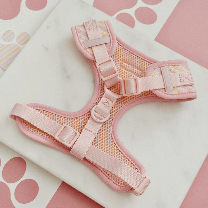 Pink, yellow and orange striped Dog Harness showing the reverse side, with pink d ring and mesh padding. 