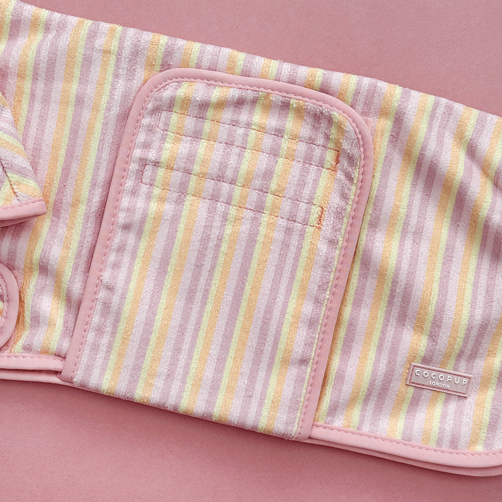 Pink, yellow and orange striped Dog Robe with velcro fastenings and hood.