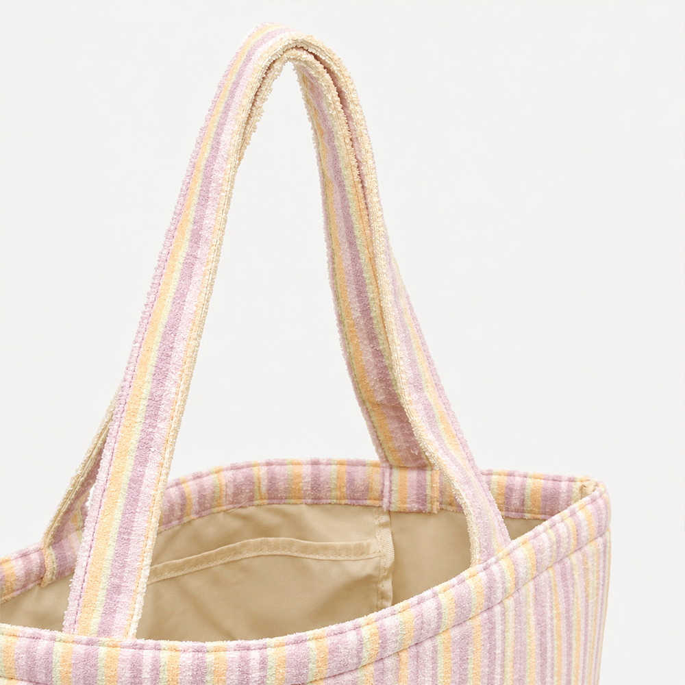 Pink, yellow and orange striped Tote Bag with inside pocket.