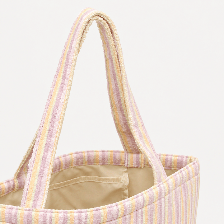 Pink, yellow and orange striped Tote Bag with inside pocket.