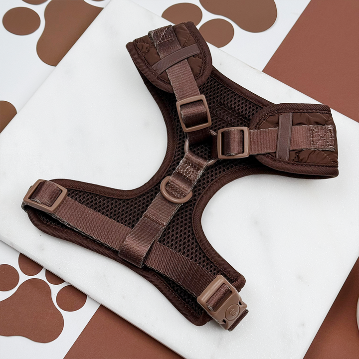 Espresso Quilted Adjustable Neck Harness, Lead & Collar Bundle