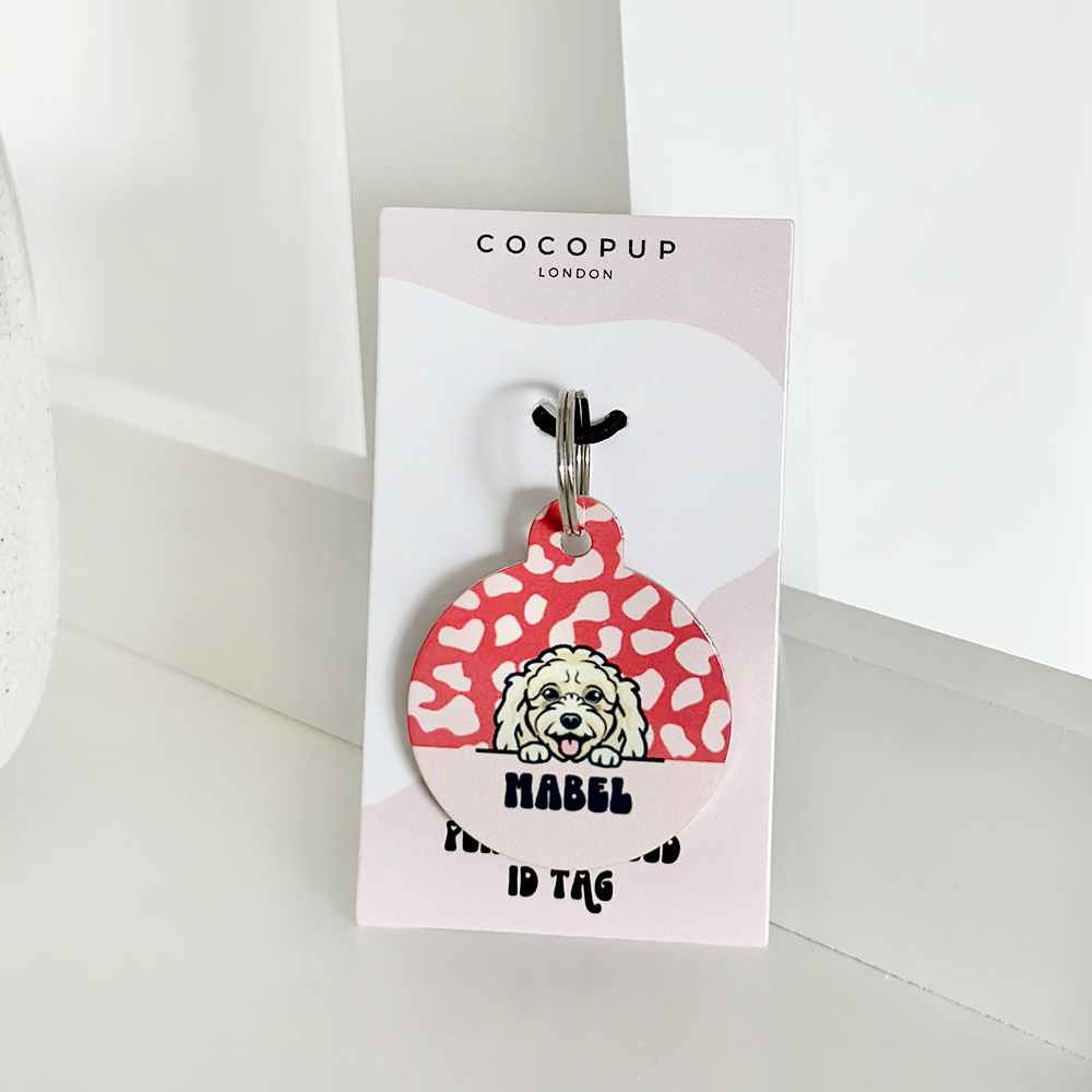 Personalised Dog Cartoon ID Tag - Red & Pink Leopard