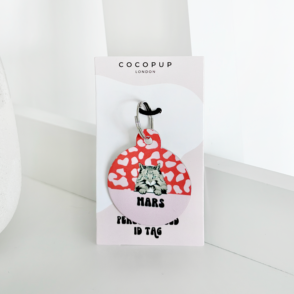 Personalised Cat Cartoon ID Tag - Red & Pink Leopard