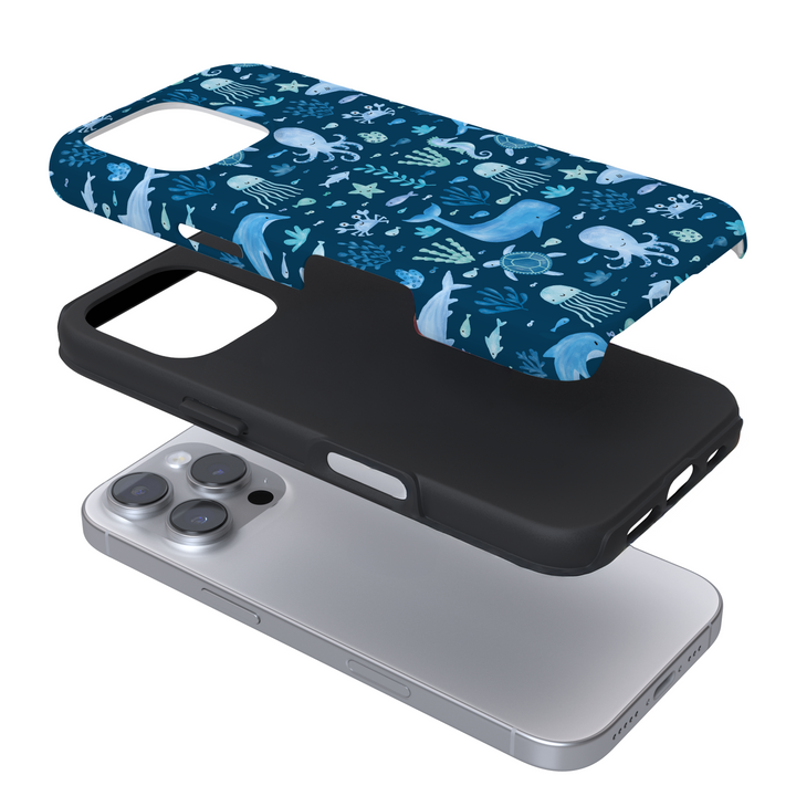 Expanded phone case with a blue sea life pattern on a white background