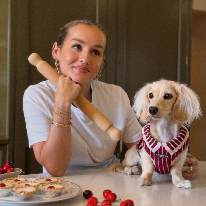 A woman in a white shirt holds a wooden rolling pin next to a small cream-colored dachshund wearing a red and white striped harness. On the table in front are cherry pies and cherries.