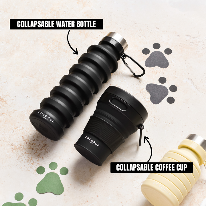 Cocopup Plain Black Coffee Cup alongside Cocopup Plain Black Water Bottle.