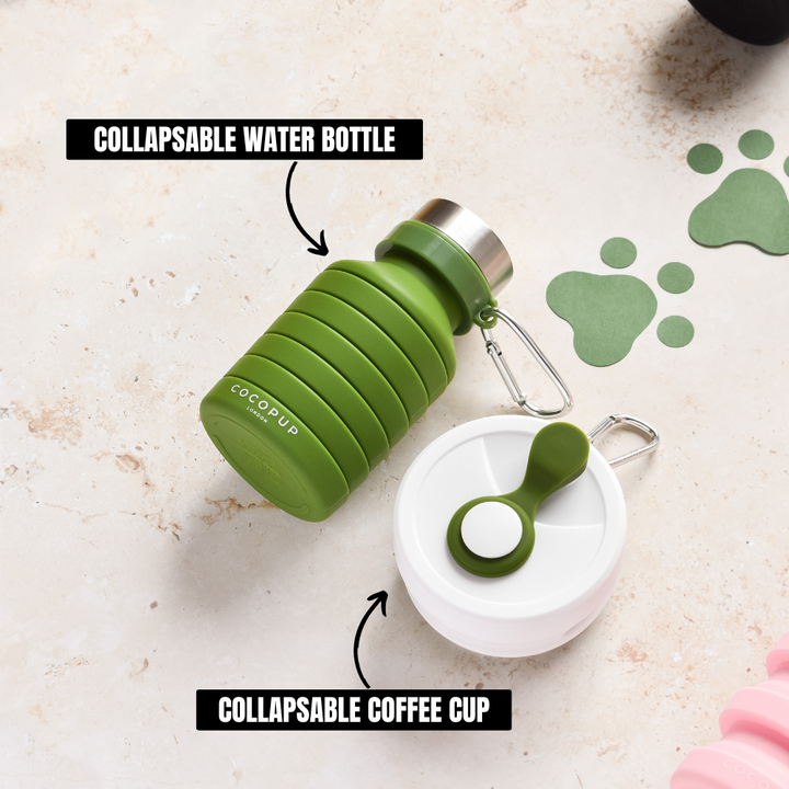 Collapsed view of the Cocopup Khaki Coffee Cup and Cocopup Khaki Water Bottle.