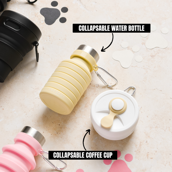Collapsed view of the Cocopup Plain Nude with White Lid Coffee Cup alongside the collapsed Cocopup Plain Nude Water Bottle.