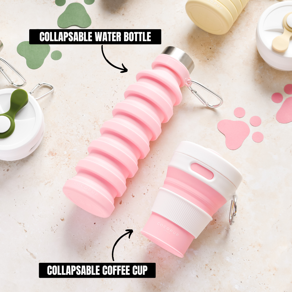 Cocopup Plain Pink with White Lid Coffee Cup alongside Cocopup Plain Pink Water Bottle.