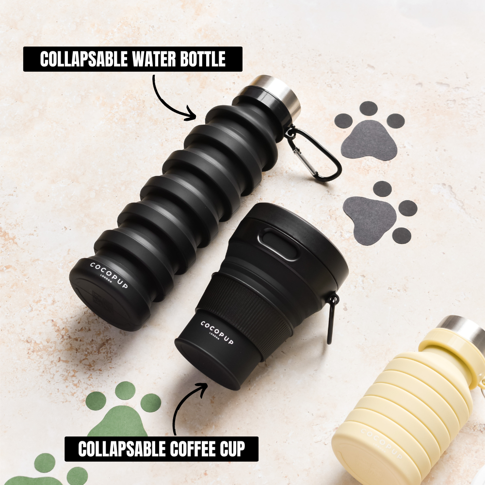 Cocopup Plain Black Coffee Cup alongside Cocopup Plain Black Water Bottle.