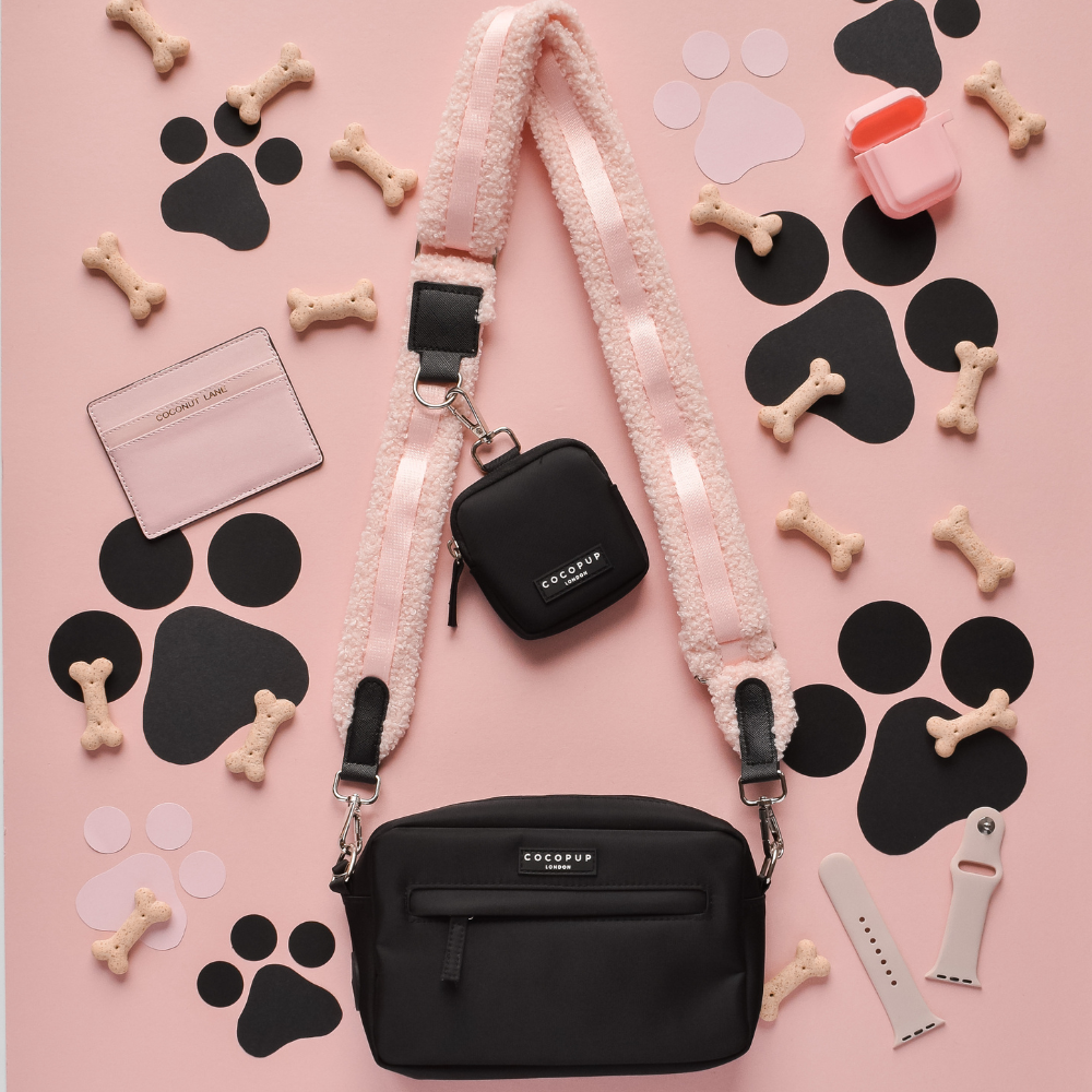 black dog walking bundle teddy love-a-lot bag strap